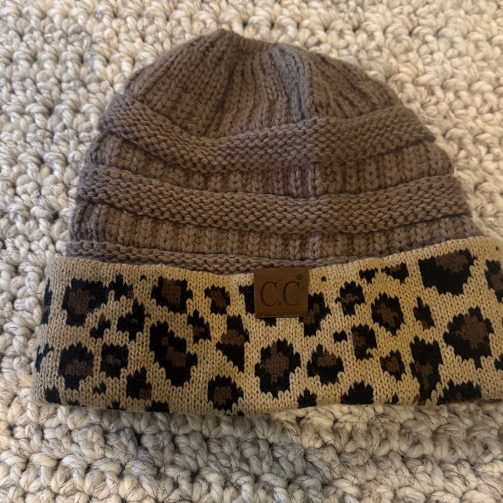 C.C Brown and Tan Leopard Print Knit Hat